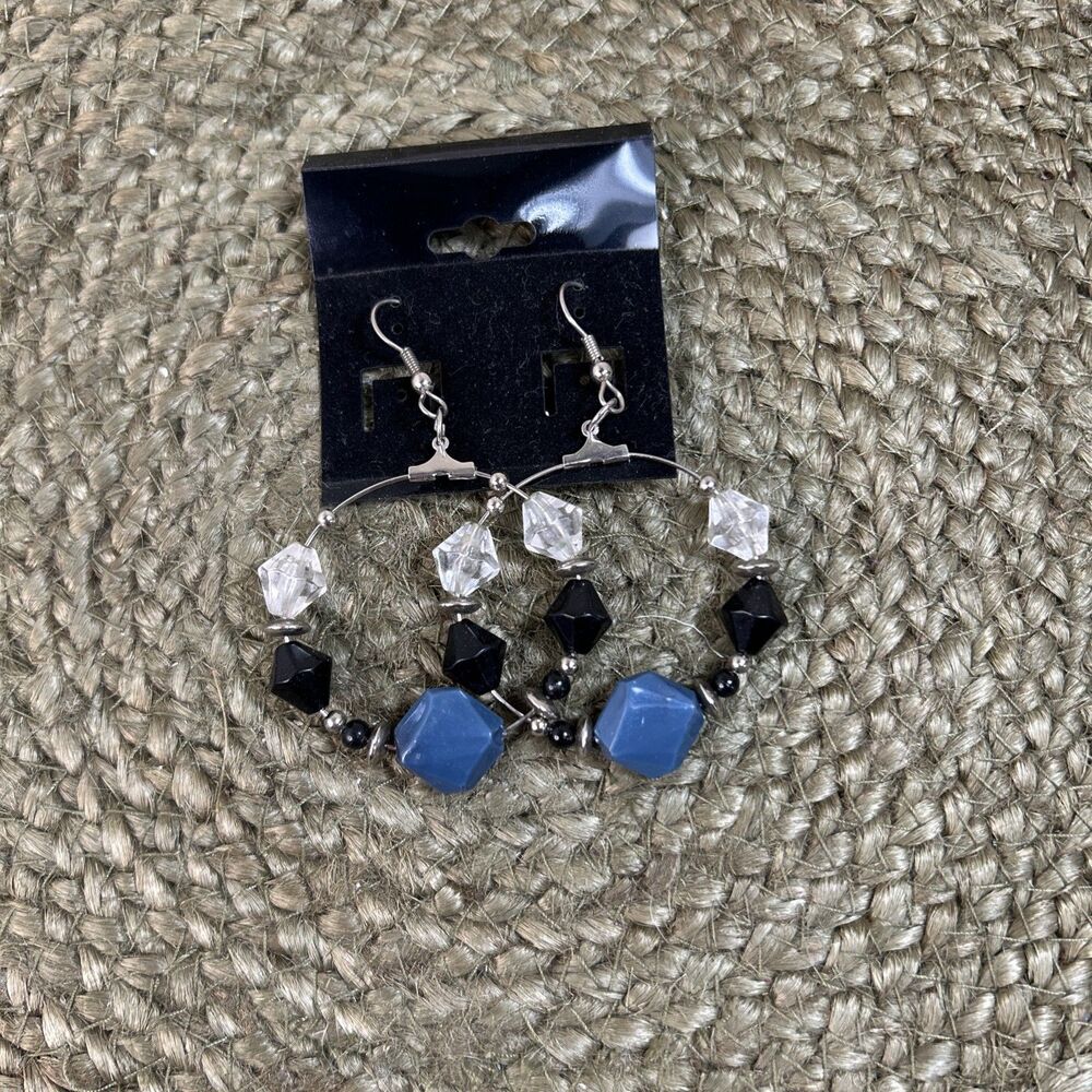Hand Made Hoop Earrings Blue Black Clear Beads